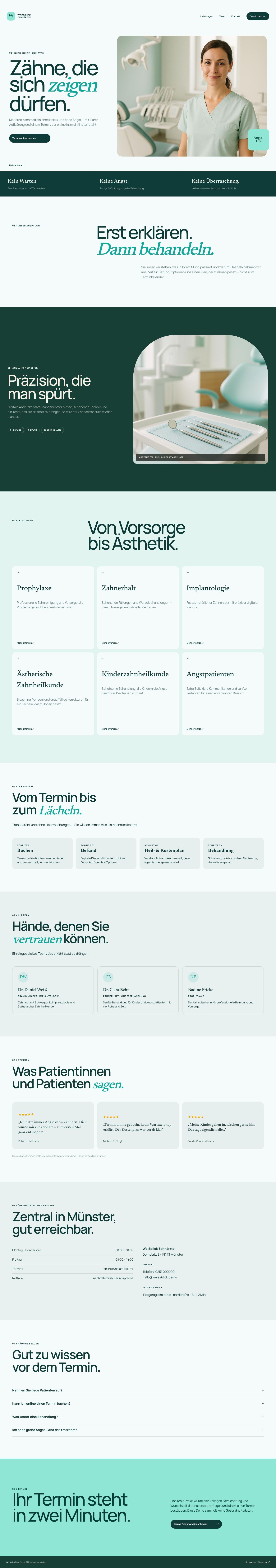 Vollständige Desktop-Ansicht der fiktiven Website Weißblick Zahnärzte