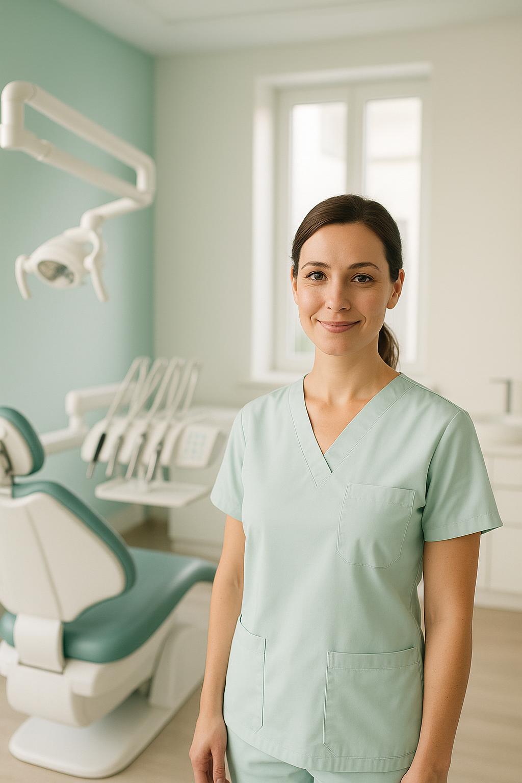 Zahnärztin in heller moderner Praxis begrüßt eine Patientin